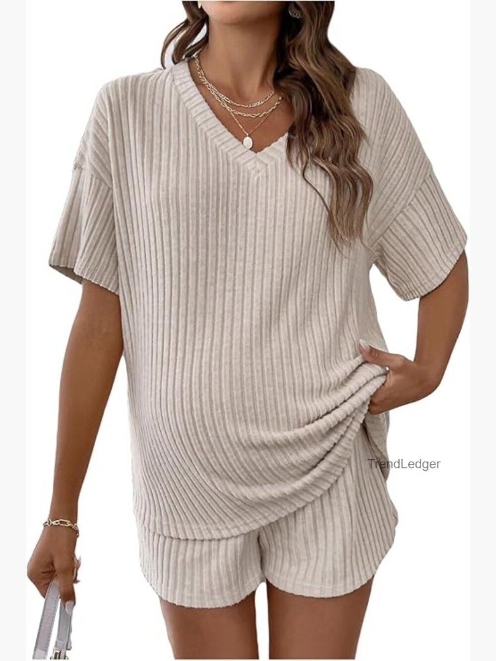Maternity 2 Piece Pajama Lounge Set Summer Short Sleeve Rib Knit